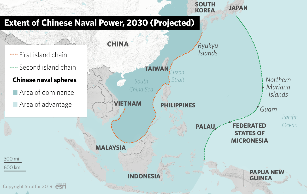 A map showing the two island chains in relation to China.