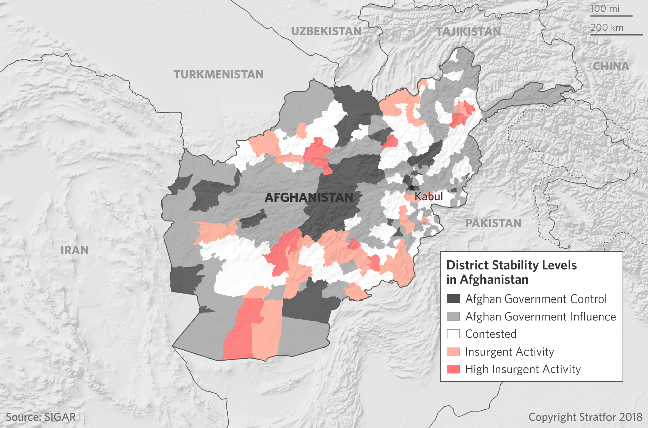A map show the major areas of government and insurgent control in Afghanistan.
