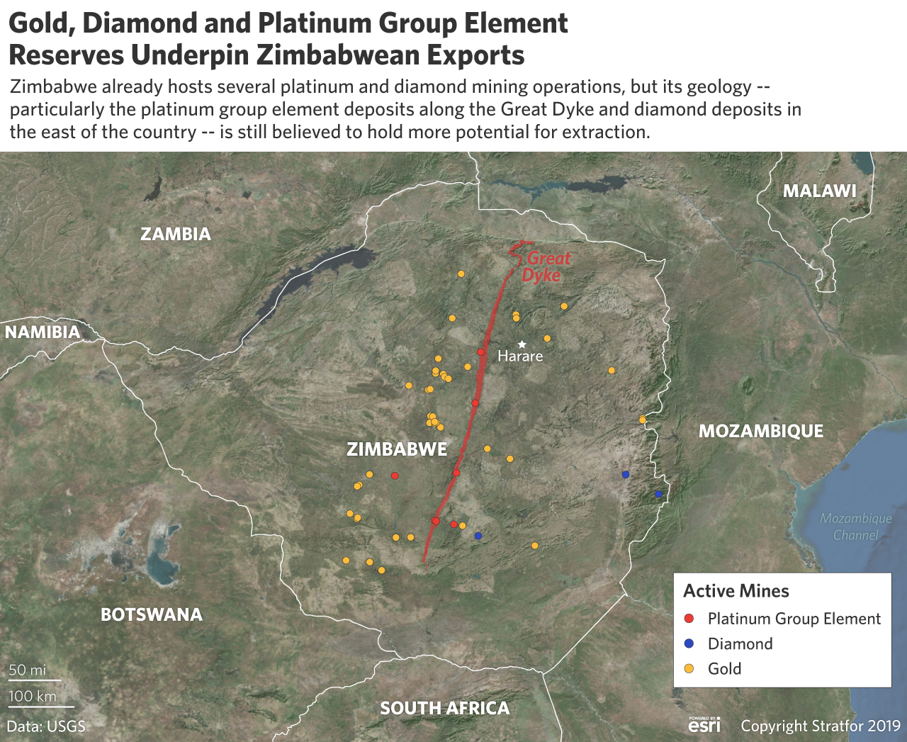 This map shows the location of gold, diamond and platinum reserves in Zimbabwe.