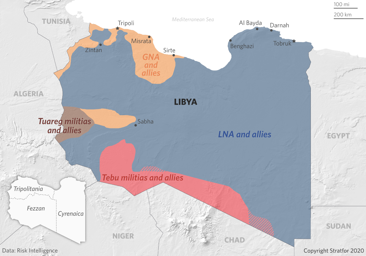 A map showing which factions control what territory in Libya.