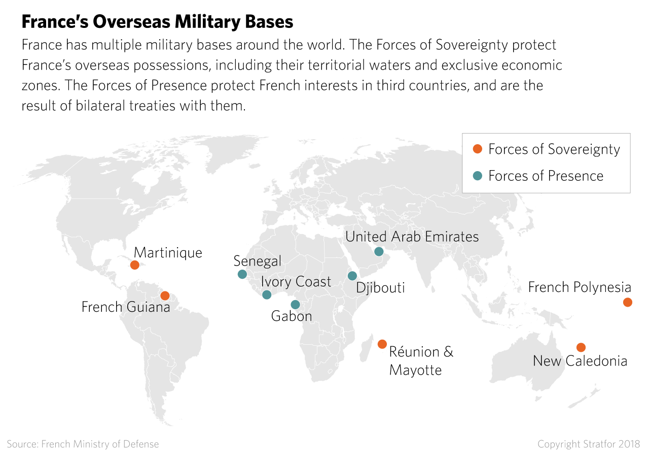 A map showing French military bases around the world