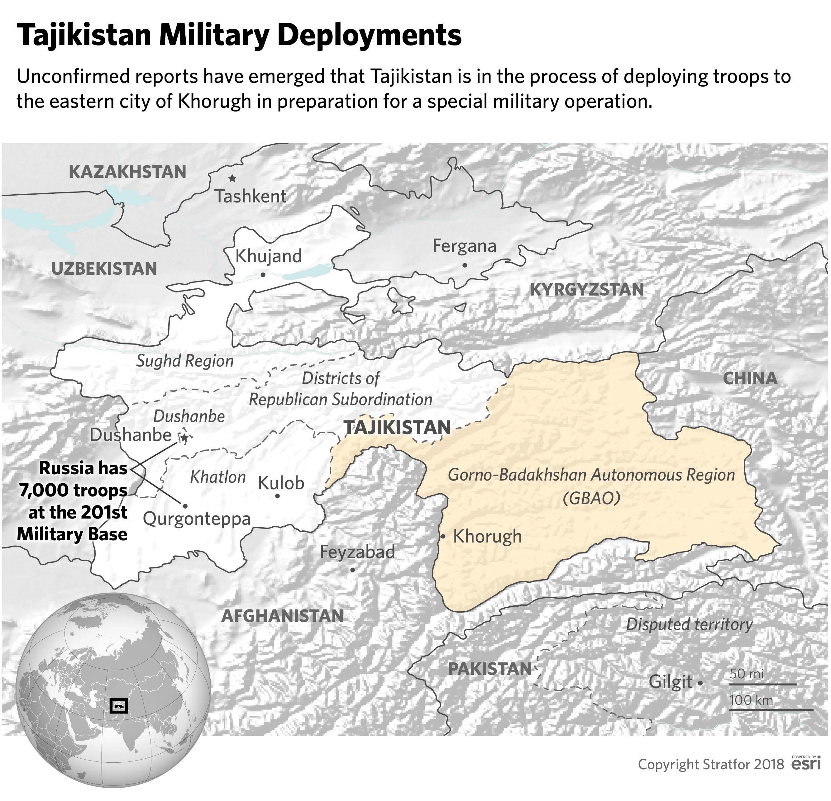A map showing Gorno-Badakhshan and the location of Russia's 201st military base.
