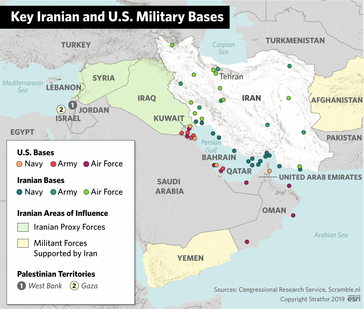 A map showing key Iranian and U.S. military bases in the Middle East.