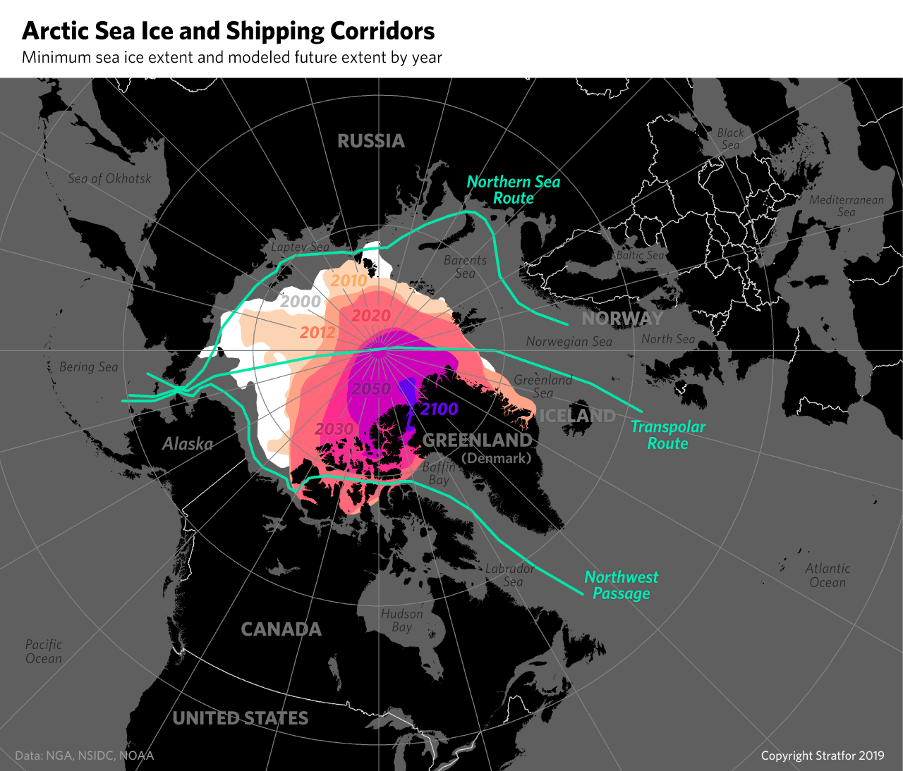 A map showing minimum Arctic sea ice extent and modeled future extent by year.