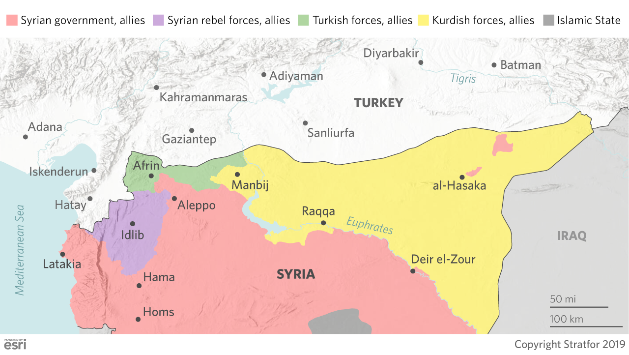 This map shows the areas of control of forces in Syria