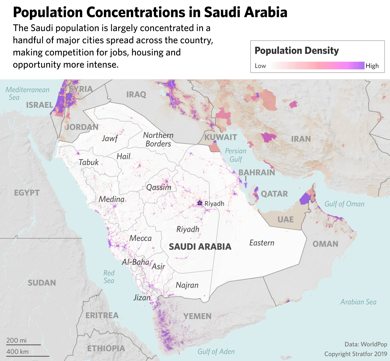 A map showing population concentrations in Saudi Arabia.