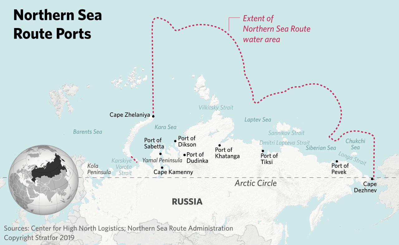 A map showing Russian Northern Sea Route ports.