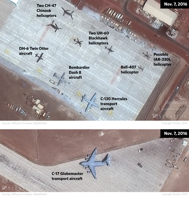 Chinook helicopters, DH-6 Twin Otter aircraft, Bombardier Dash 8, Bell-407, UH-60 Blackhawk, C-130 Hercules