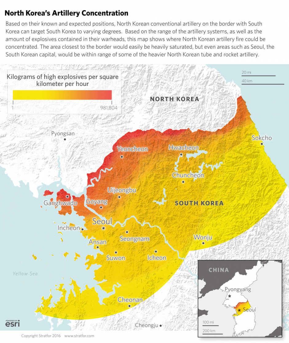 The concentrations and reach of North Korean artillery