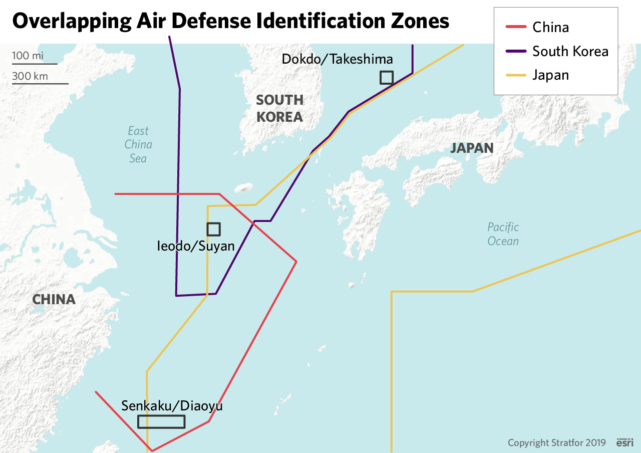 This map shows the overlapping air defense identification zones in the East China Sea and the Sea of Japan.