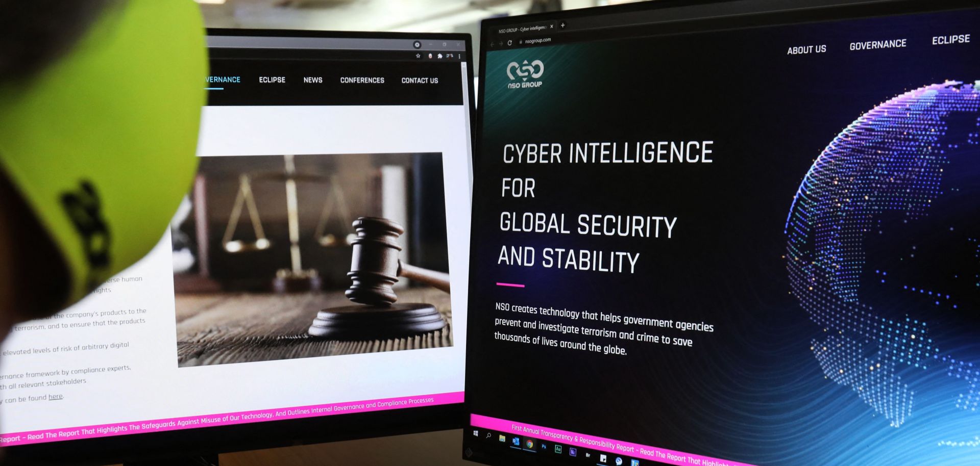A woman checks the Pegasus spyware website at an office in Nicosia, Cyprus, on July 21, 2021.