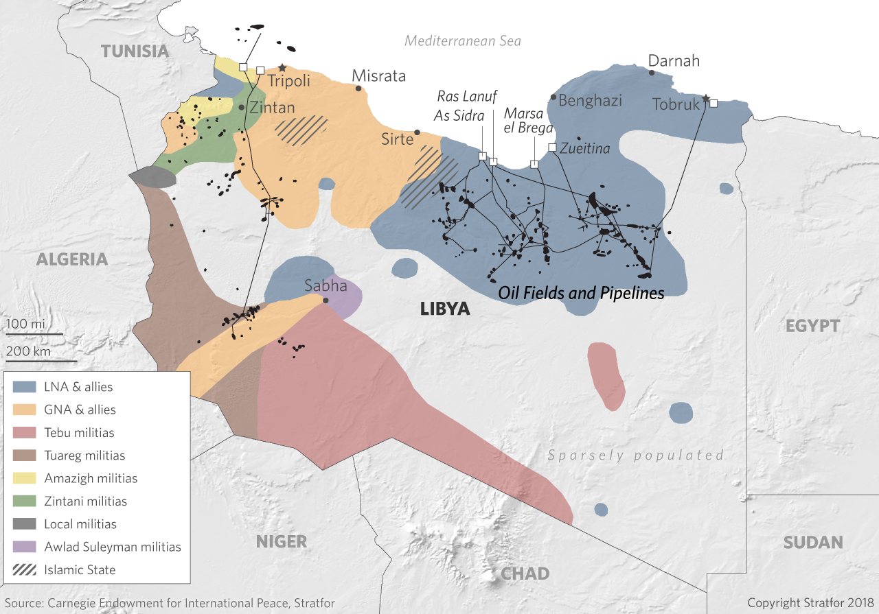 A map of Libya shows the areas controlled by government forces and various militias.