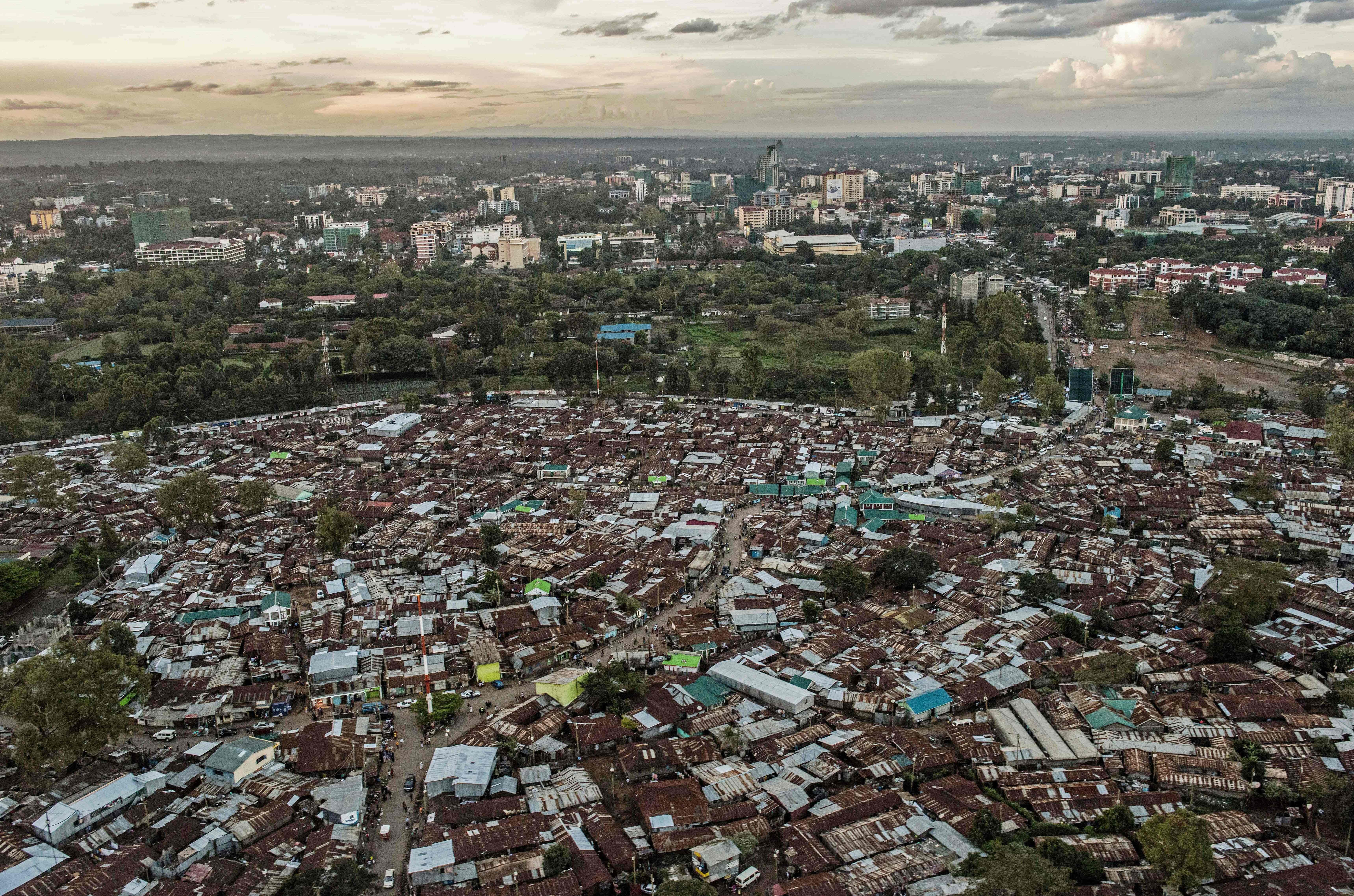 An aerial view of the expansive Kibera slum in Nairobi, thought to be the largest urban slum in Africa.
