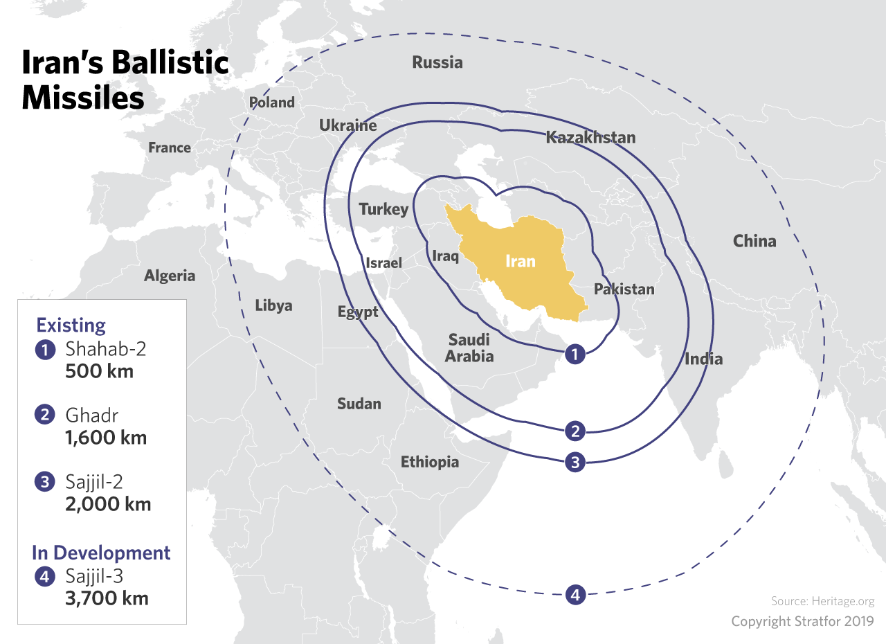 A map showing the range of Iran's ballistic missiles. 