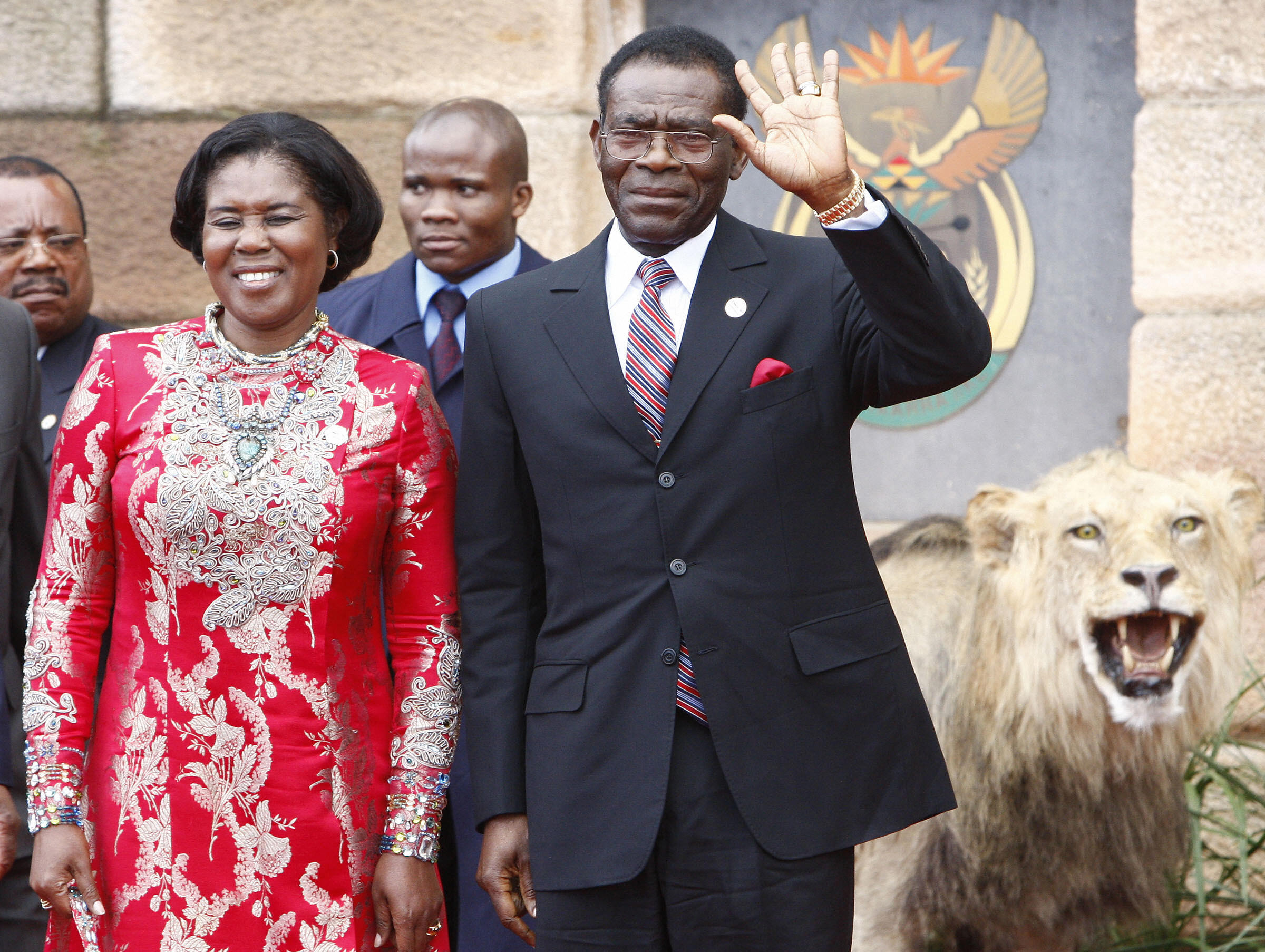 Equitorial Guinean President Teodoro Obiang Nguema and his wife arrive in South Africa for the inauguration of the country's president, Jacob Zuma, in 2009.