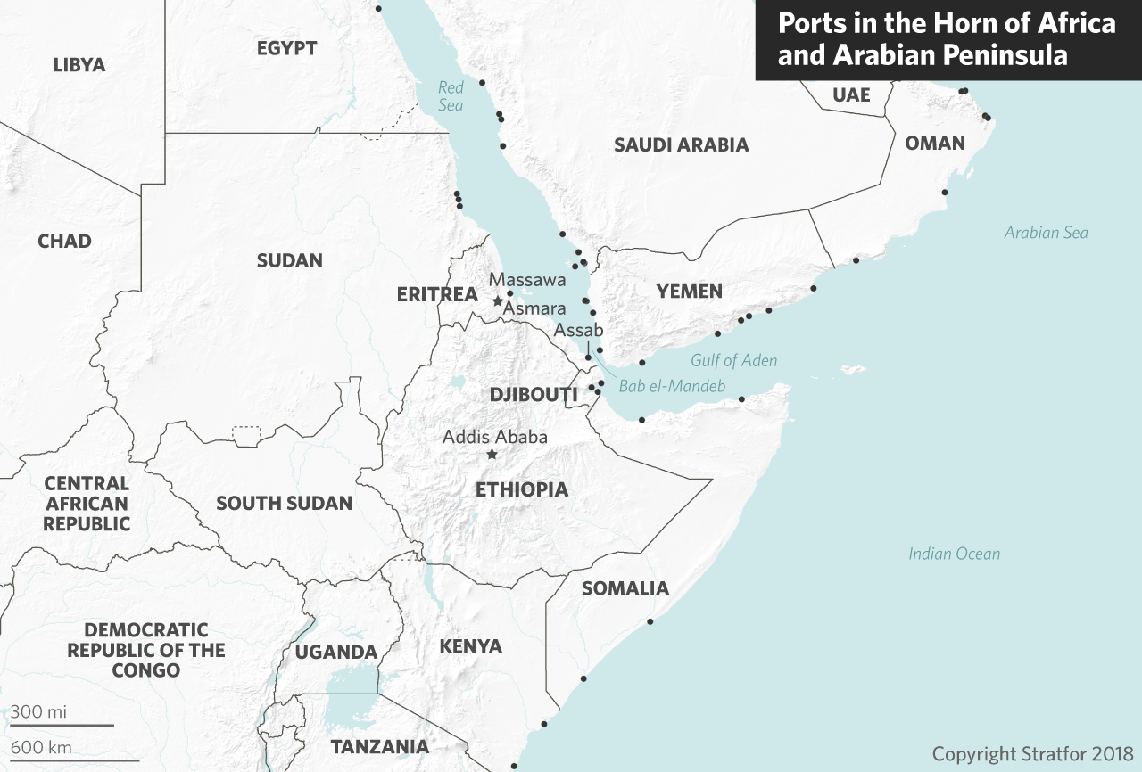 A map shows the location of ports on the Horn of Africa and the Arabian Peninsula.