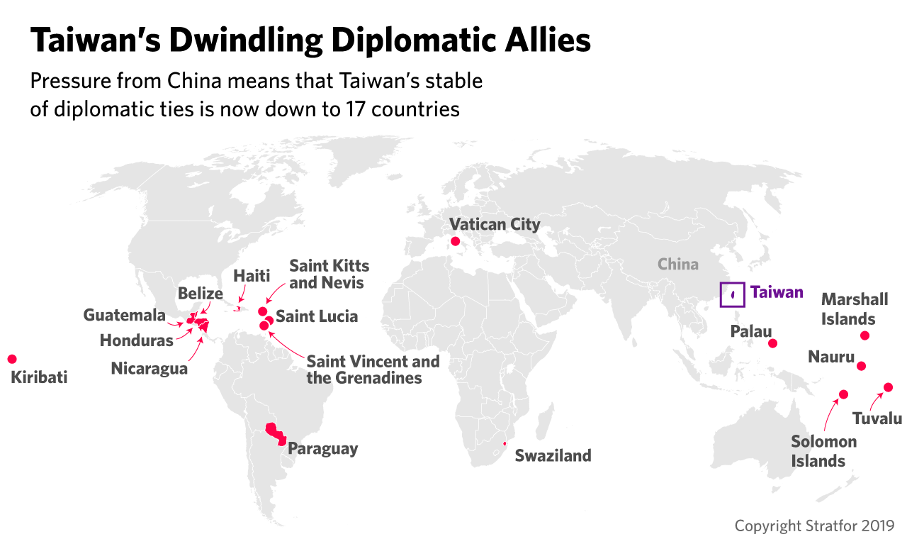 This map shows the 17 countries that still maintain full diplomatic ties with Taiwan.