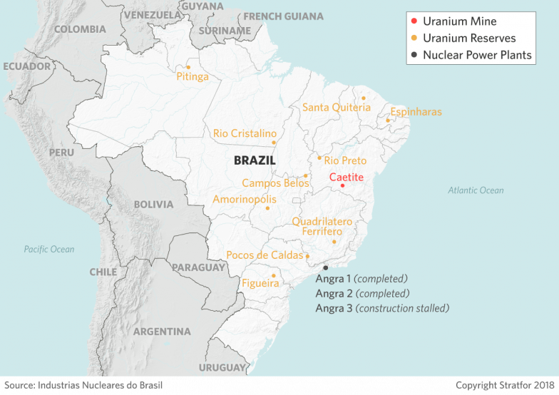 A map showing the location of Brazil's uranium reserves.