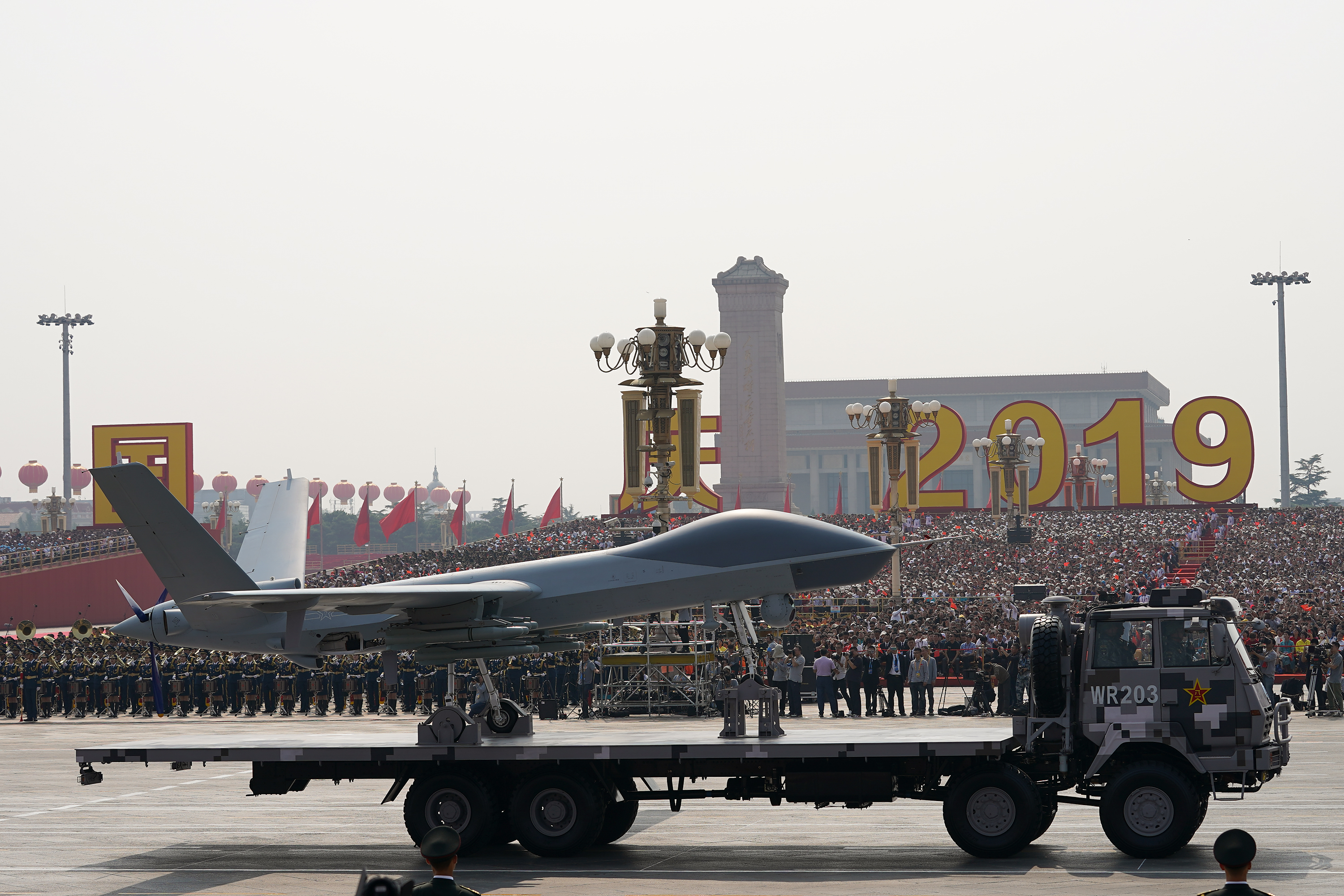 On display Oct. 1 was the GJ-2, otherwise known as the Wing Loong 2, an unmanned aerial vehicle used by the Chinese military in a role equivalent to that of the Reaper in U.S. service.