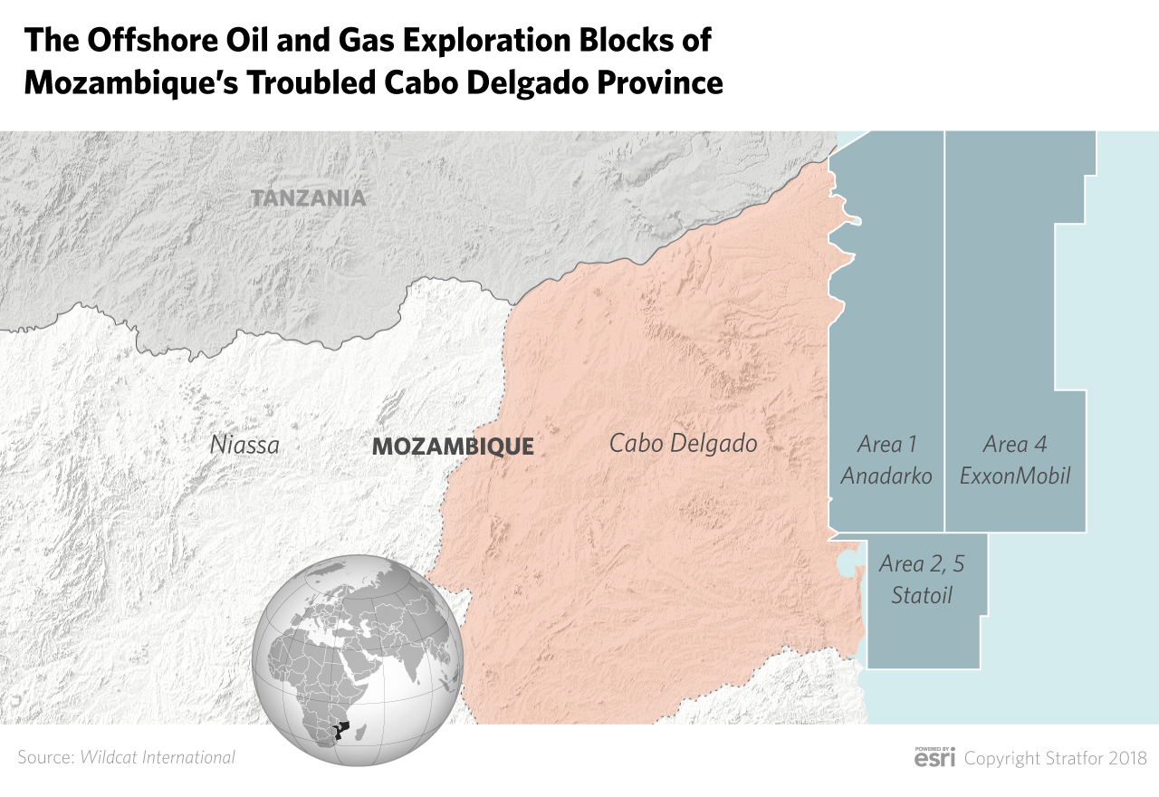 A graphic show offshore oil and gas exploration blocks in Mozambique's Cabo Delgado province