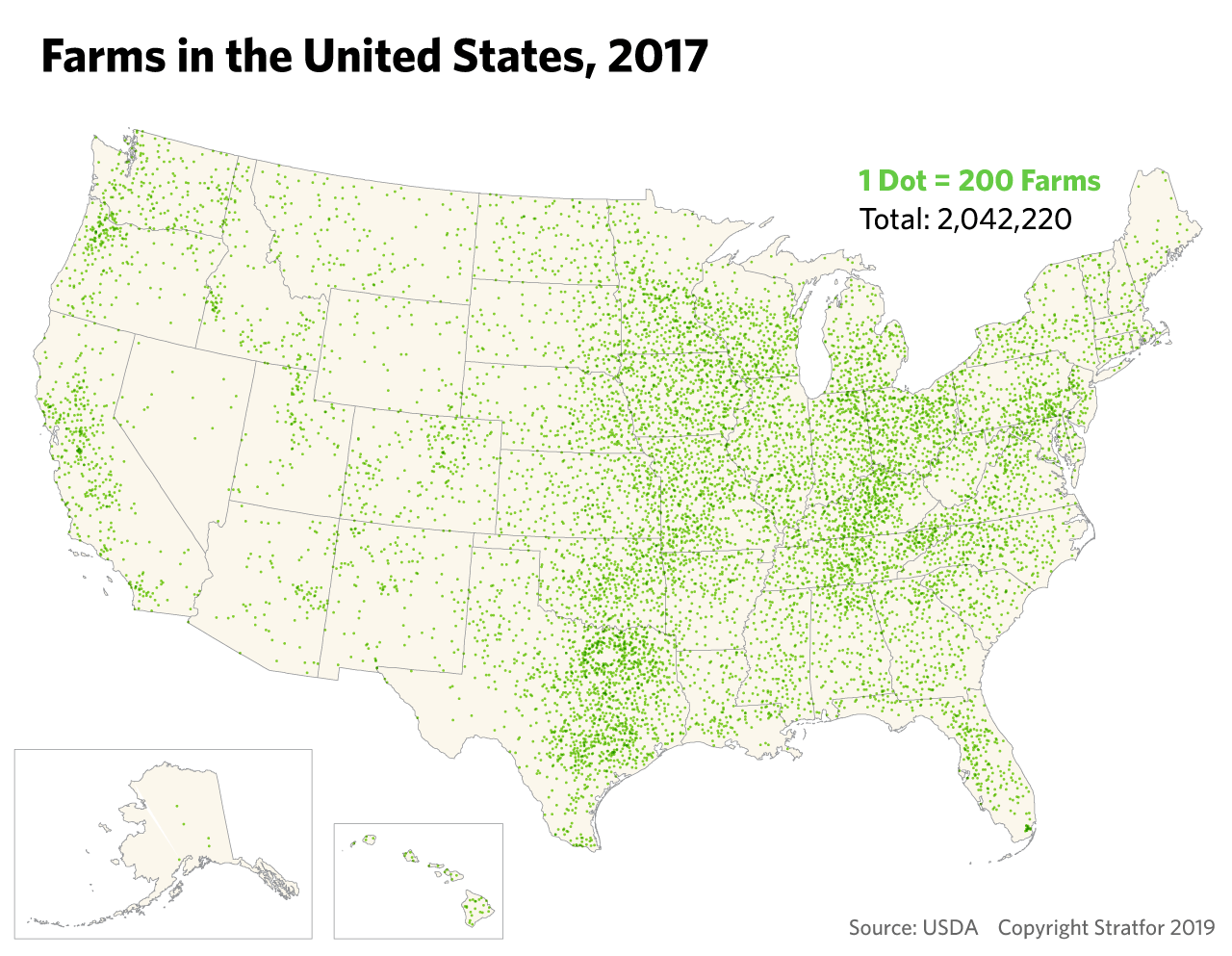 This map shows the location of farms in the United States.