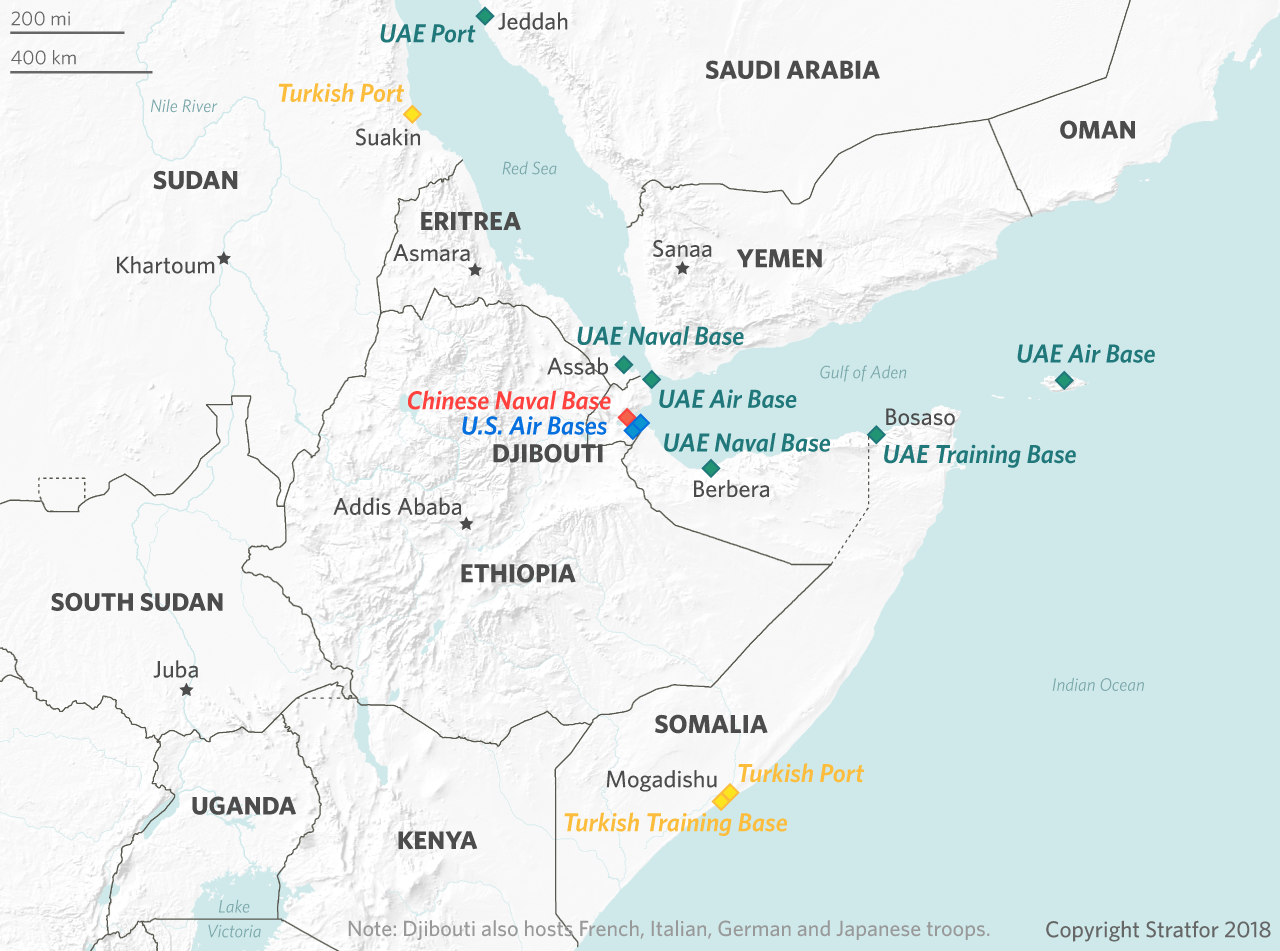 A map locating foreign military bases in the Horn of Africa.