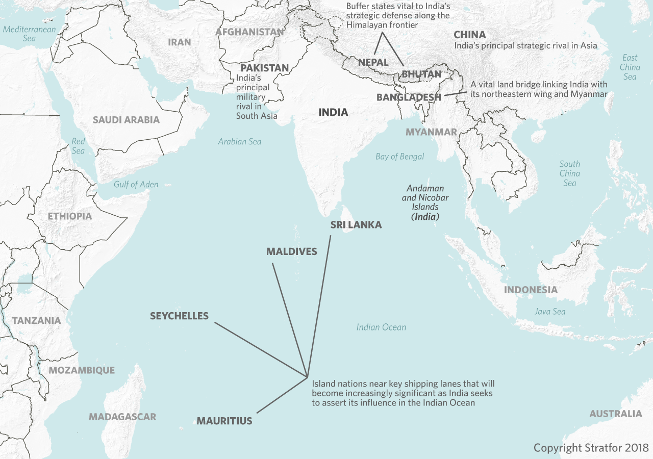 A map showing the strategic importance of the countries that neighbor India in South Asia and the Indian Ocean.