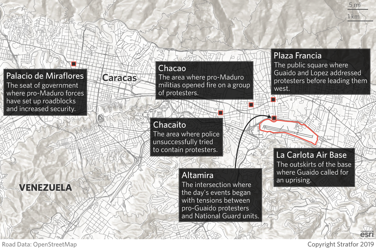 A map showing flashpoints between Nicolas Maduro's government and Venezuela's opposition in Caracas.