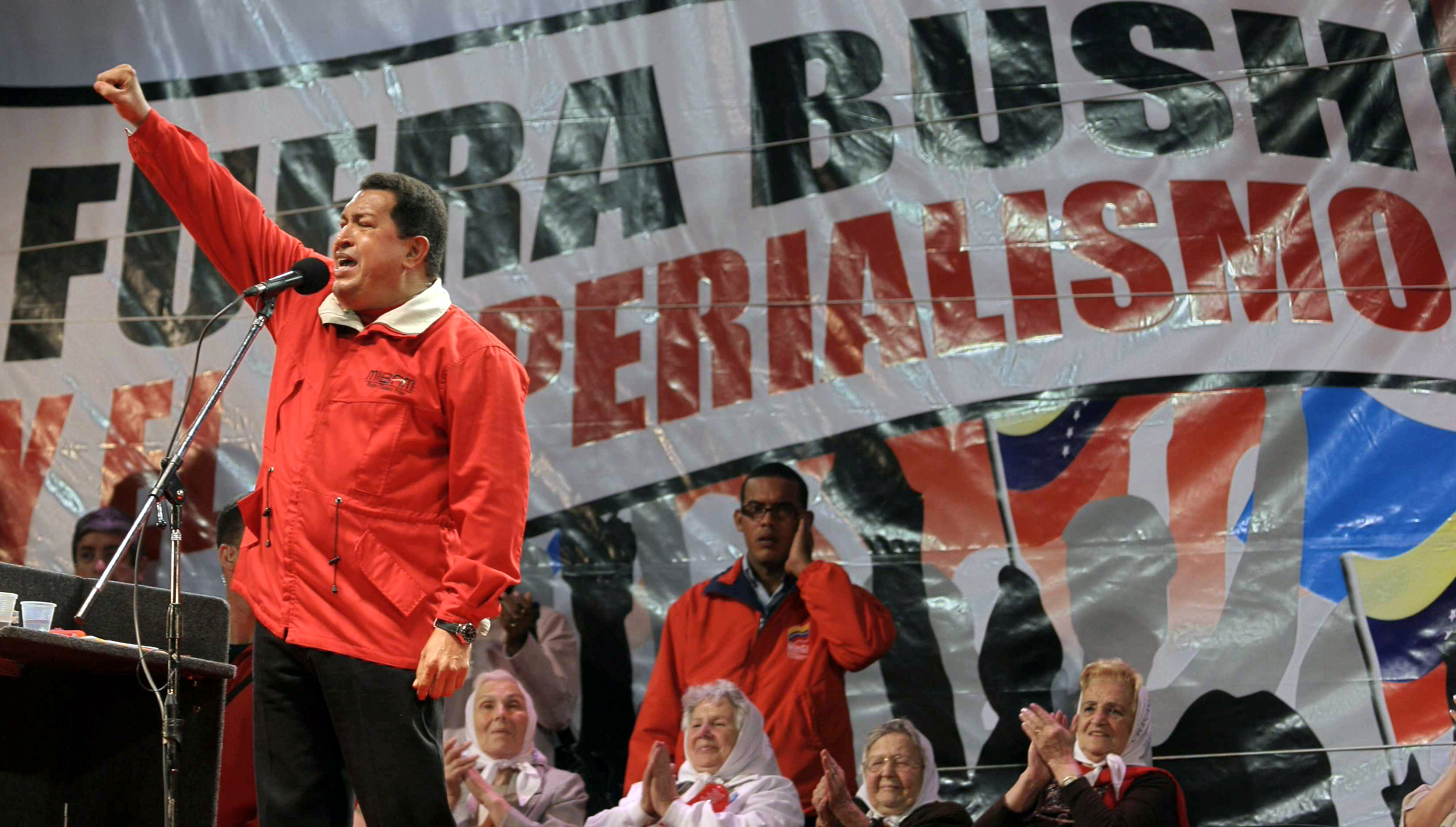 Venezuelan President Hugo Chavez speaks during an anti-imperialist rally at the 40,000-seat Buenos Aires stadium in 2007.