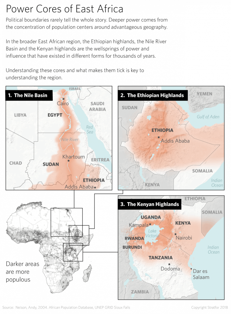 A map showing power cores in East Africa, including one in the Ethiopian highlands.