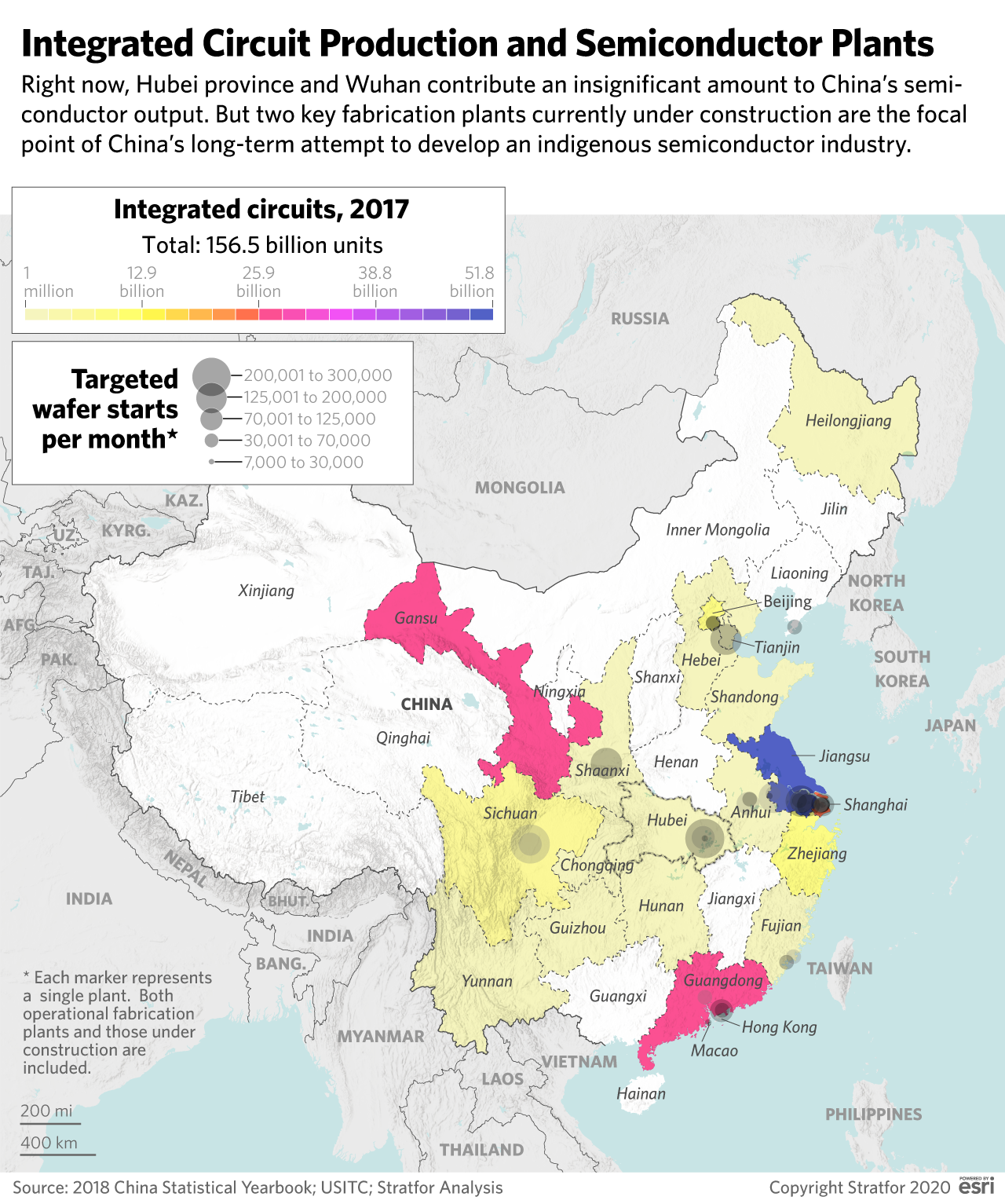 A map showing the location of integrated circuit production and semiconductor plants in China.