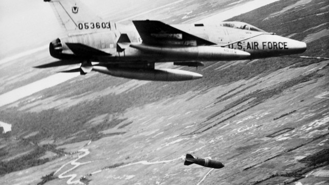 A U.S. Air Force F-100 bombs a military target near Saigon on Feb. 8, 1965. The argument remains that the United States could have beaten North Vietnam by committing more forces.