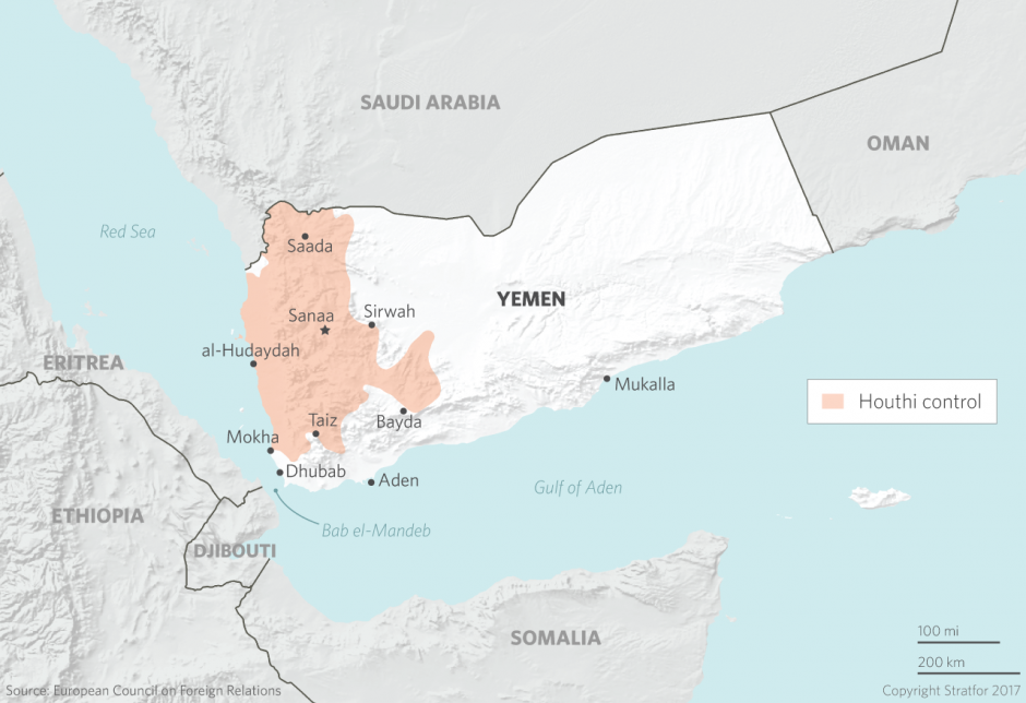 Areas of Houthi rebel control in Yemen.