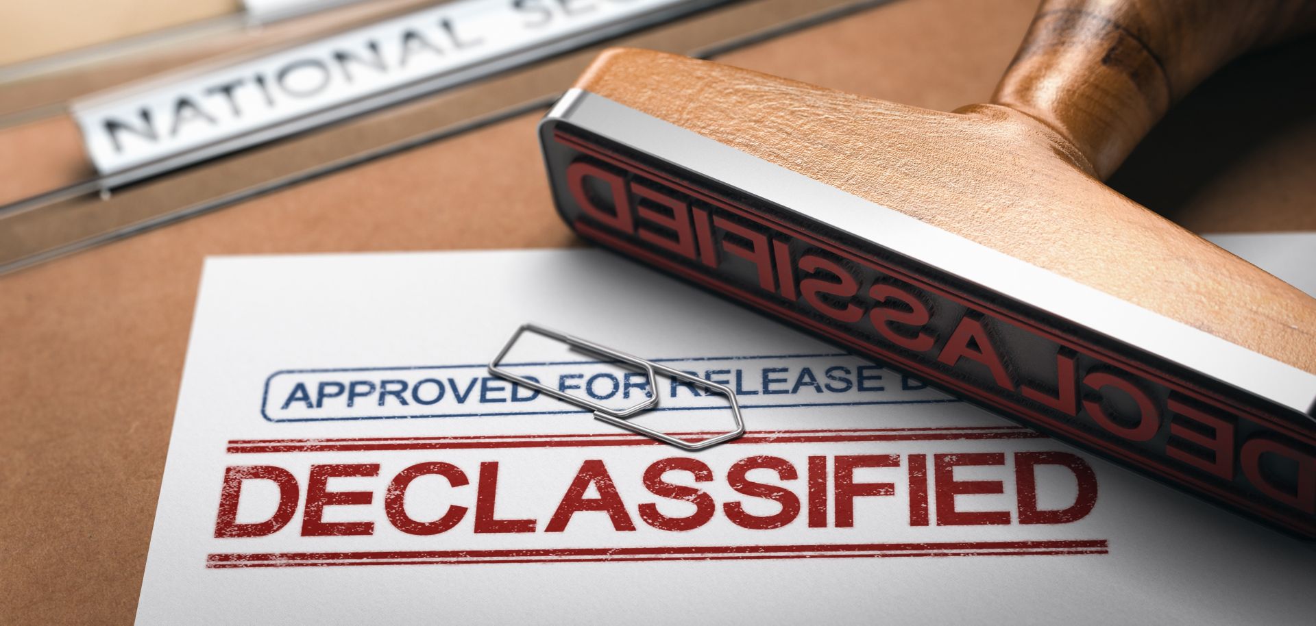 3D illustration of two folders and a rubber stamp with the word