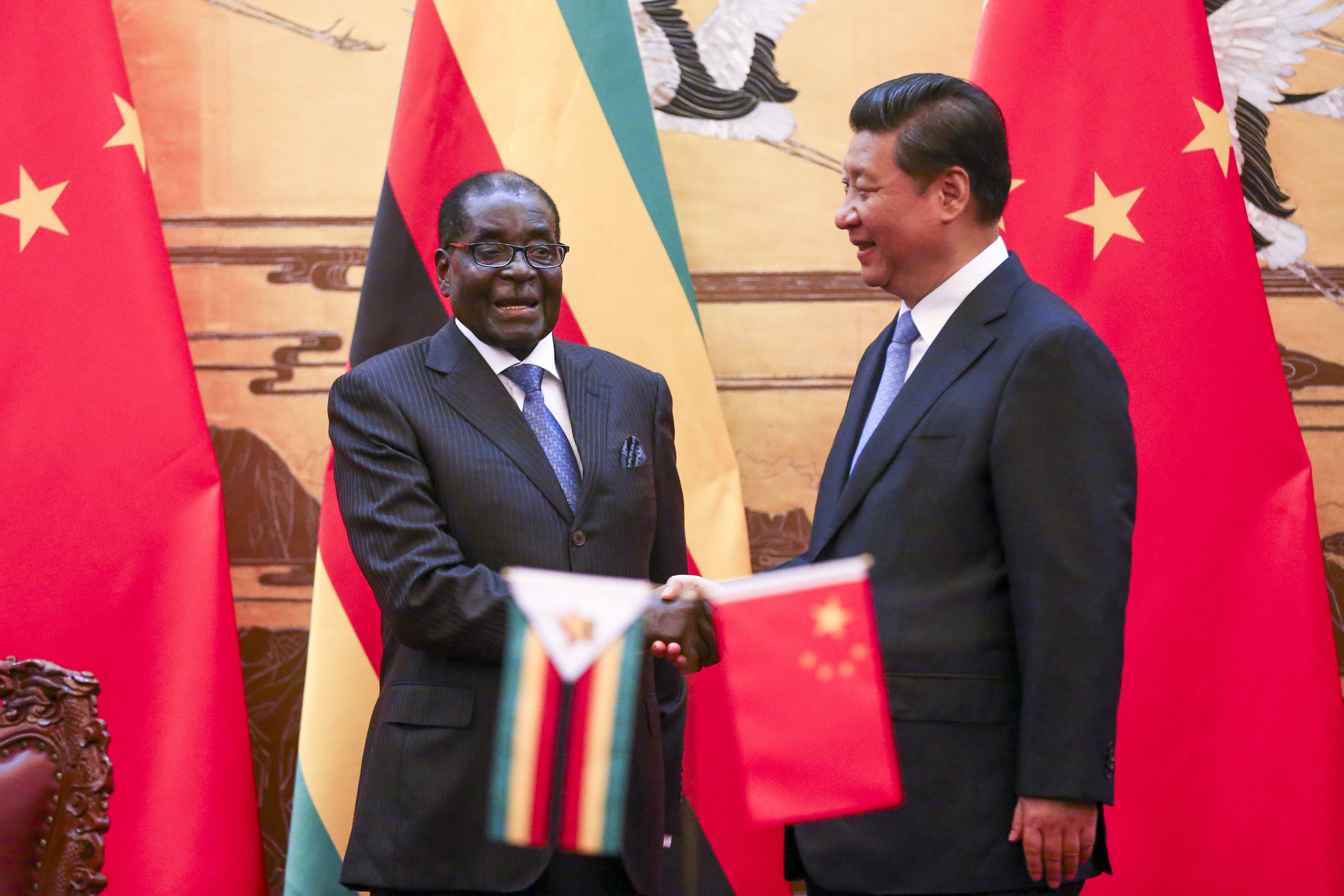 Zimbabwean President Robert Mugabe shakes hands with Chinese President Xi Jinping at a diplomatic ceremony in China.