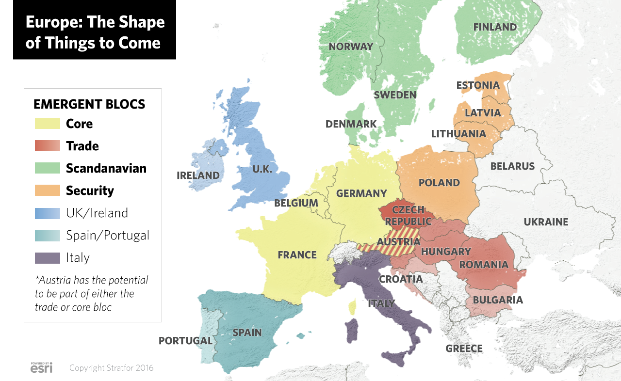 In the north, Scandinavia will form its own bloc. Geographic divergence will divide Central and Eastern Europe into two groups, one focused on trade and the other on security. The Franco-German-Benelux bloc is the likely heir to the euro and it will maintain the European Union's integrationist ethos.