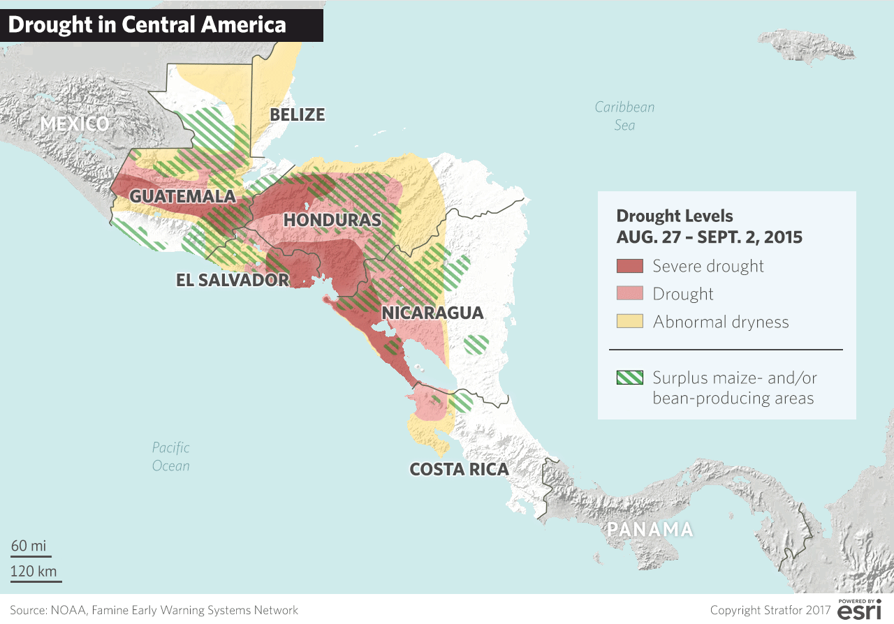 Central America and the Caribbean are in the midst of a drought that is impacting Guatemala, Honduras, El Salvador, Nicaragua, Hispaniola and Cuba. Agricultural output has been hit hard. Ongoing El Nino weather patterns, which are forecast to be particularly strong, will only make the situation worse.