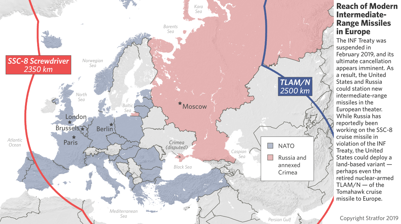 This map shows the range of modern intermediate-range missiles.