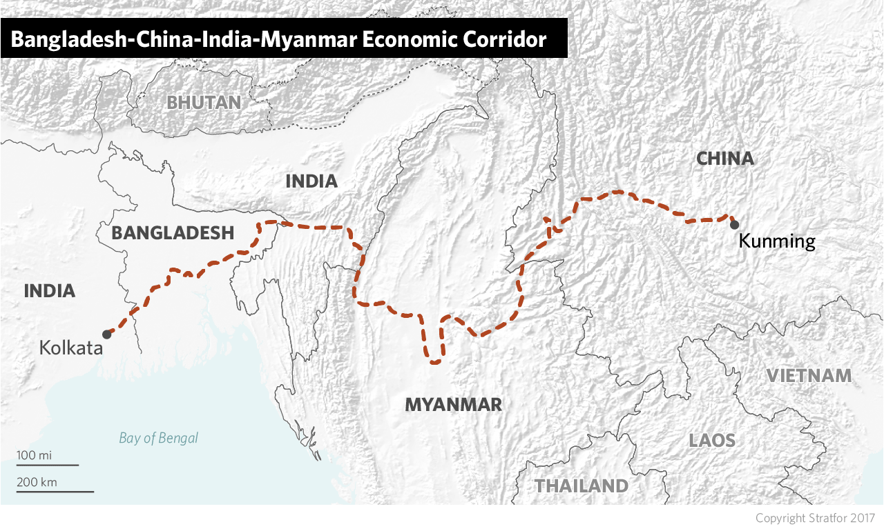 The route of the Bangladesh-China-India-Myanmar Economic Corridor, part of China's Belt and Road Initiative