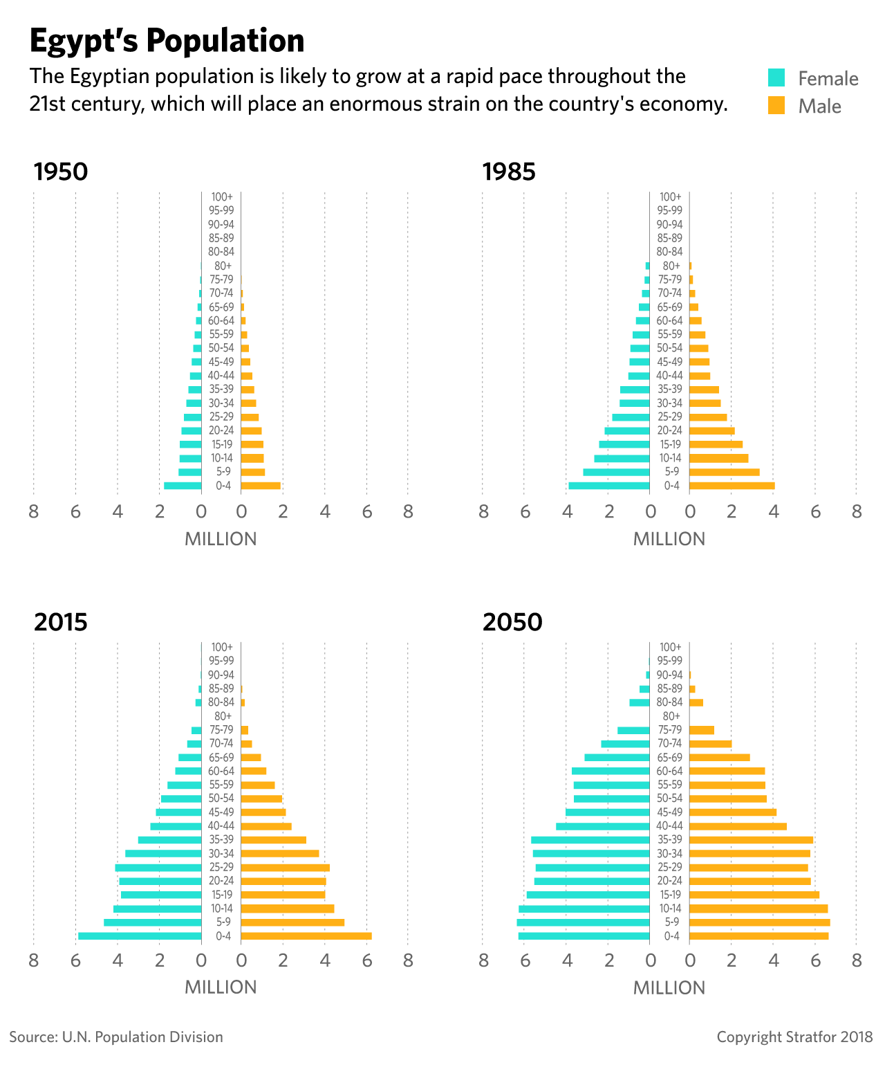 Charts show the breakdown of age groups in Egypt's population since 1950.