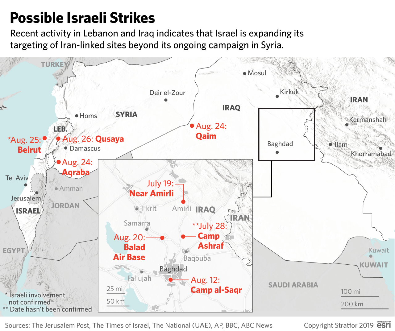 Map of possible Israeli strikes in Iraq, Lebanon and Syria