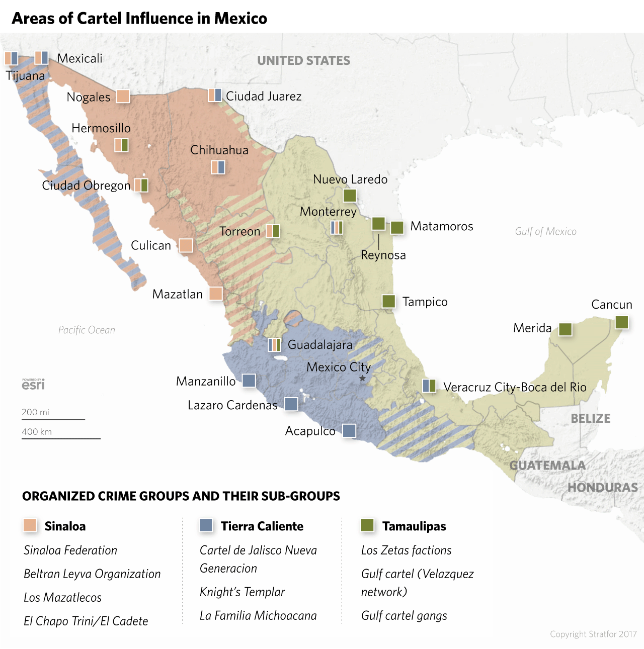 Map showing areas of Cartel influence in Mexico, focused on the Tamaulipas, Tierra Caliente and Sinaloa cartels. 