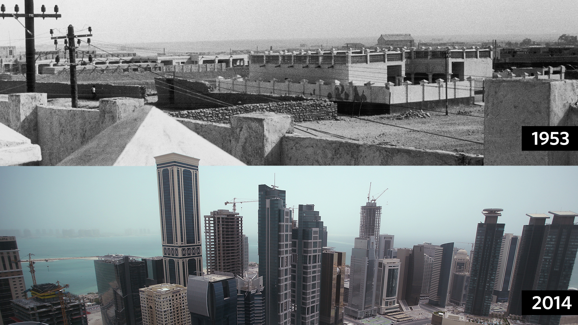 Photos from the Qatari capital of Doha in 1953 (top) and 2014 (bottom) showcase the country's rapid development.