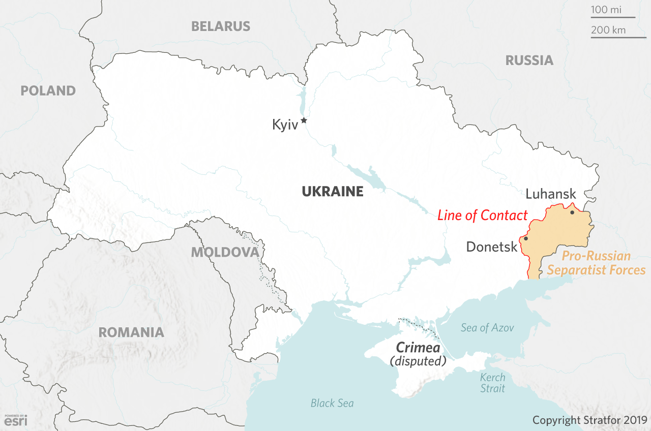 A map of Ukraine, showing the so-called contact line in eastern Ukraine.