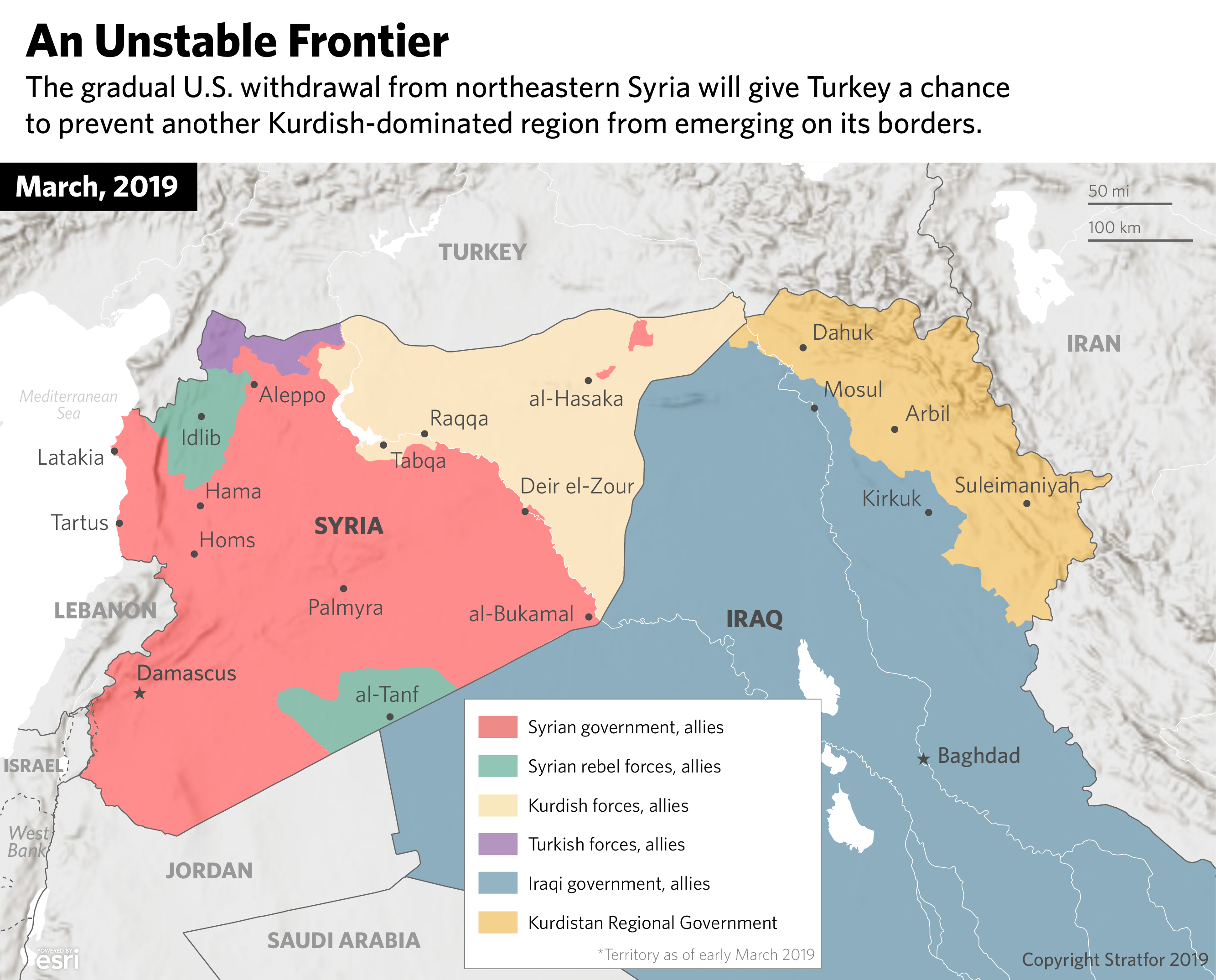 This map shows the areas controlled by different factions in Syria.