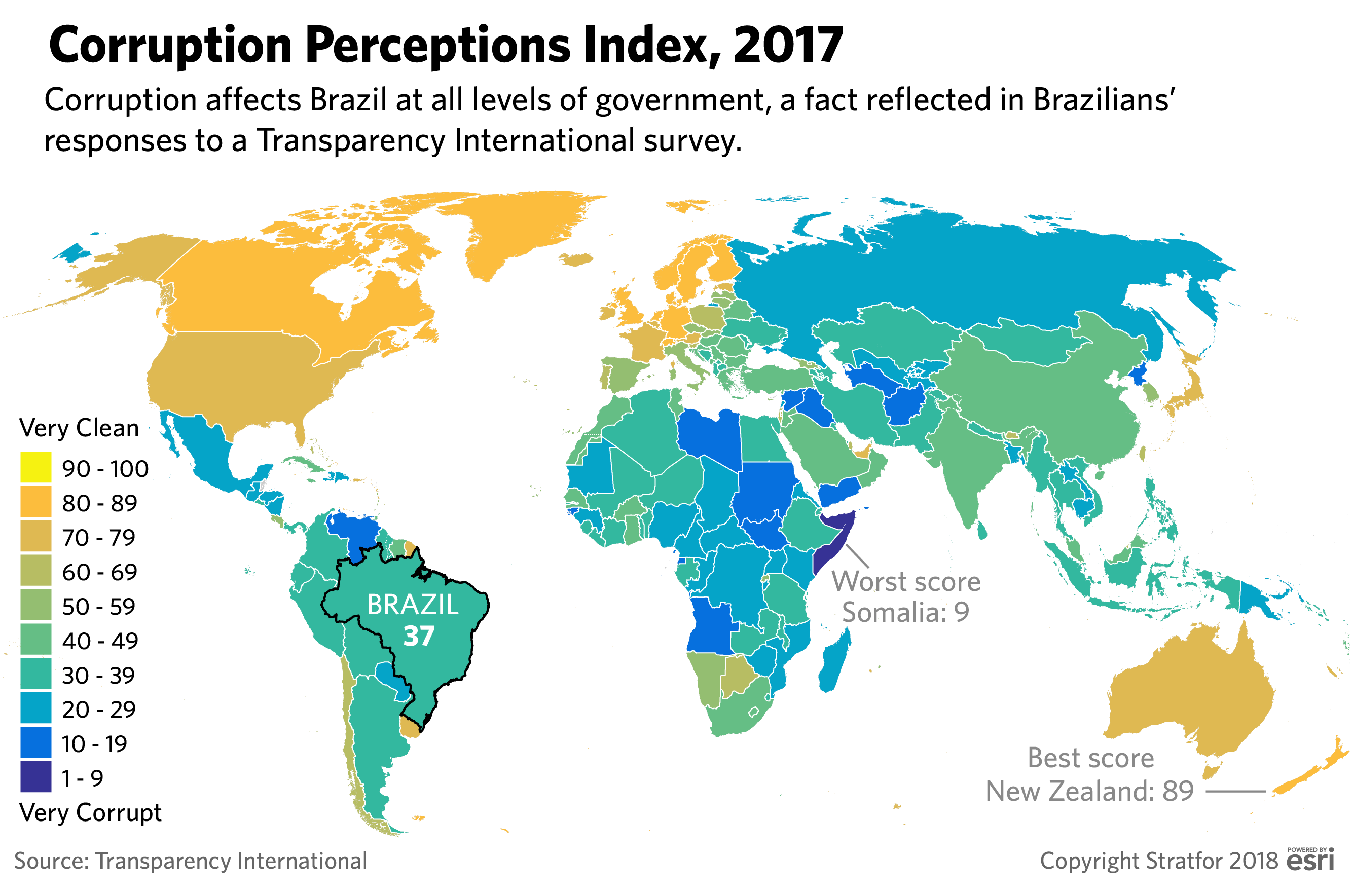 A map showing perceptions of corruption around the world.