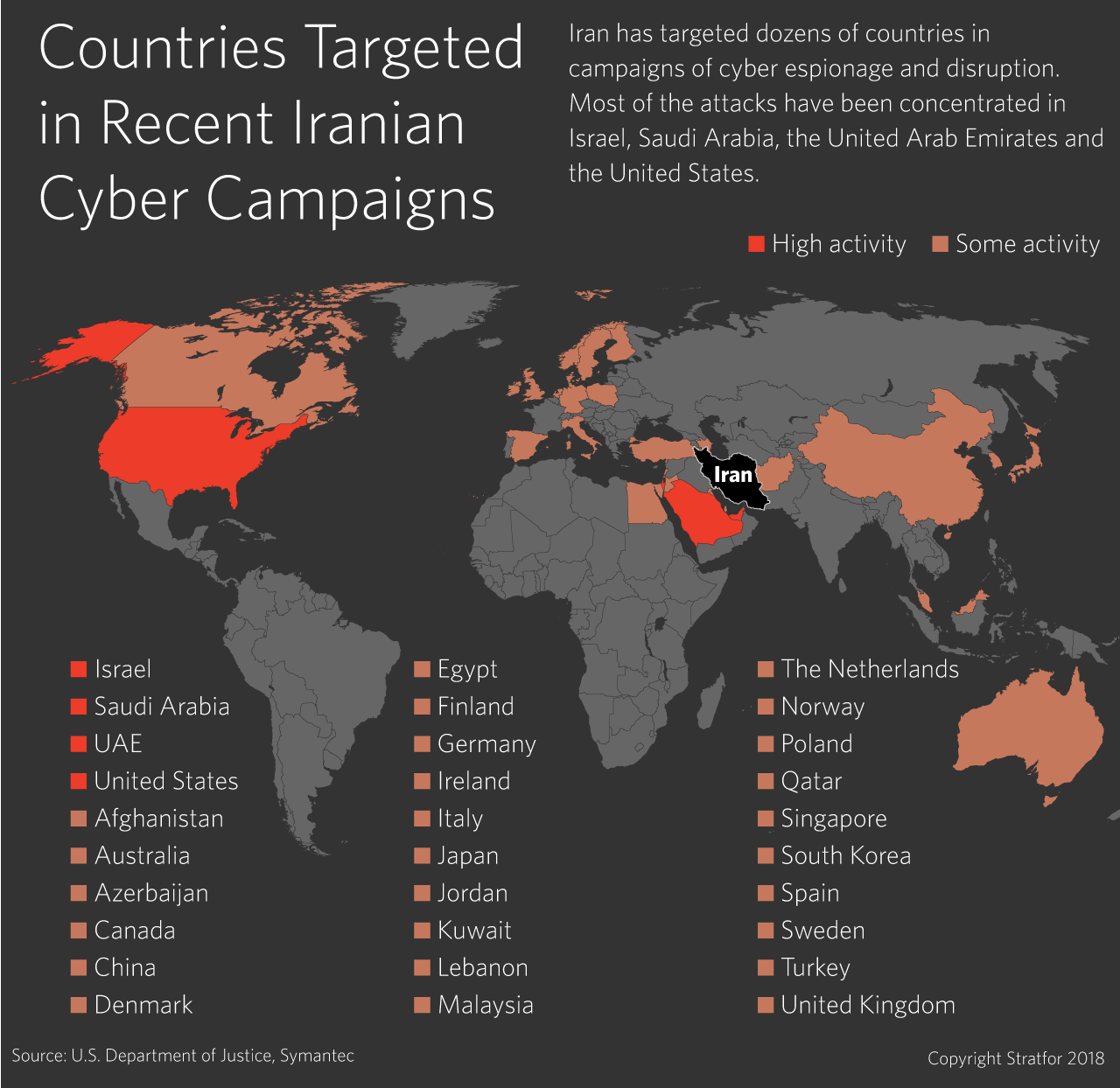 A map shows the countries targeted by hackers in Iran.