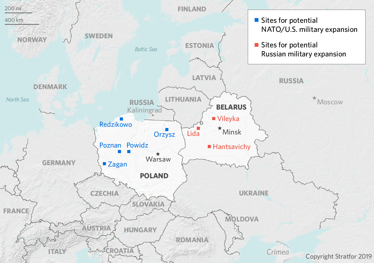 A map of potential U.S.-NATO bases in Poland and Russian bases in Belarus.