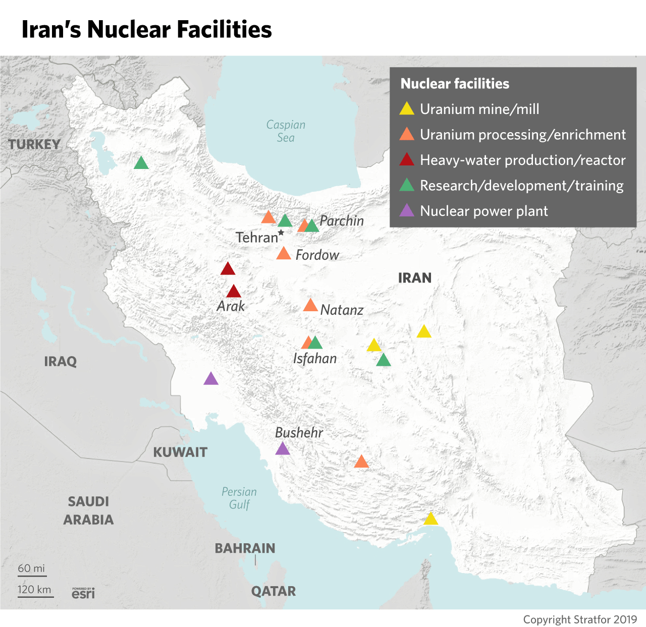 This map depicts the location of various Iranian nuclear facilities and uranium mining sites.