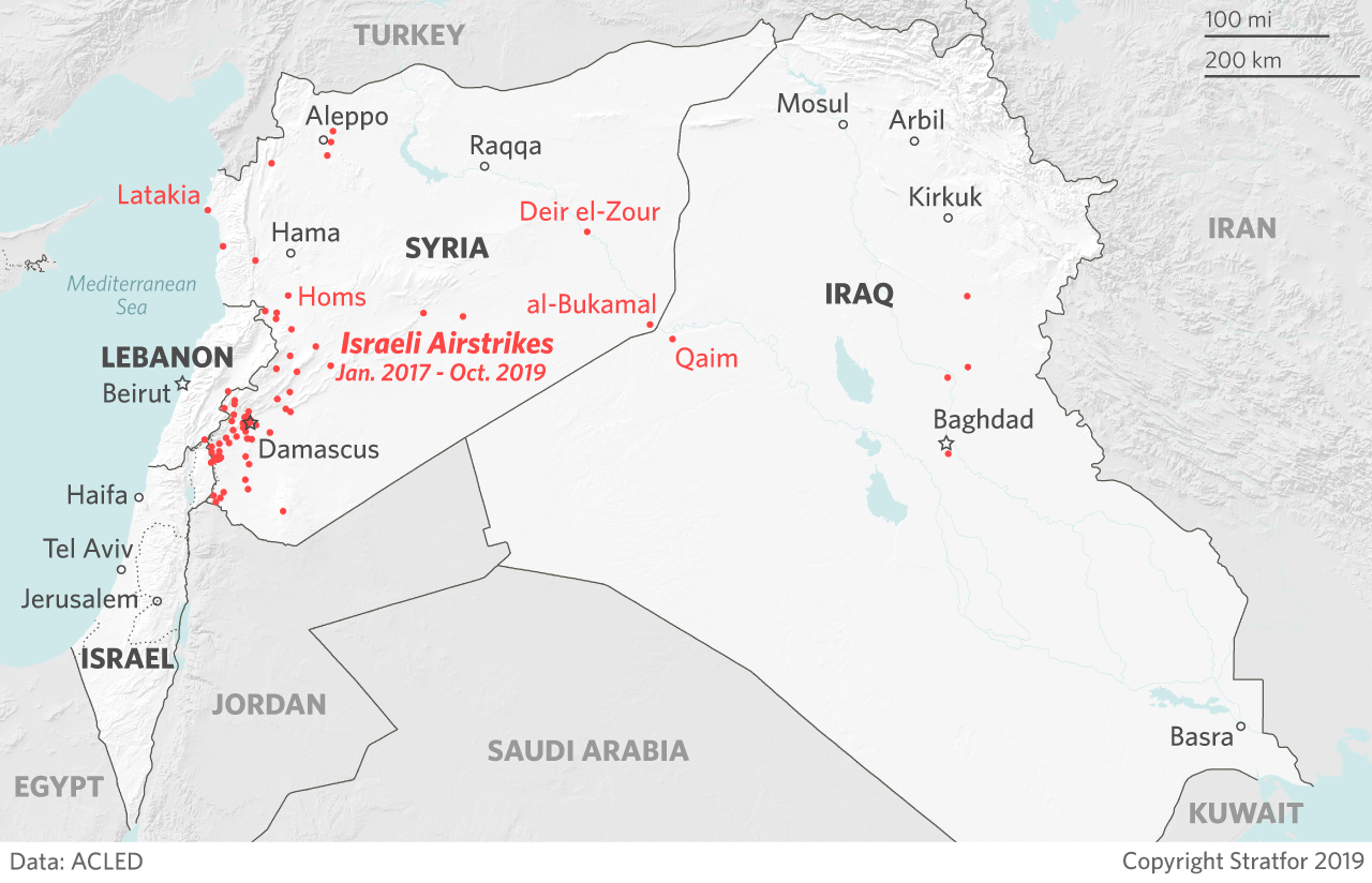 This map shows the location of Israeli airstrikes in Syria and Iraq since January 2017.